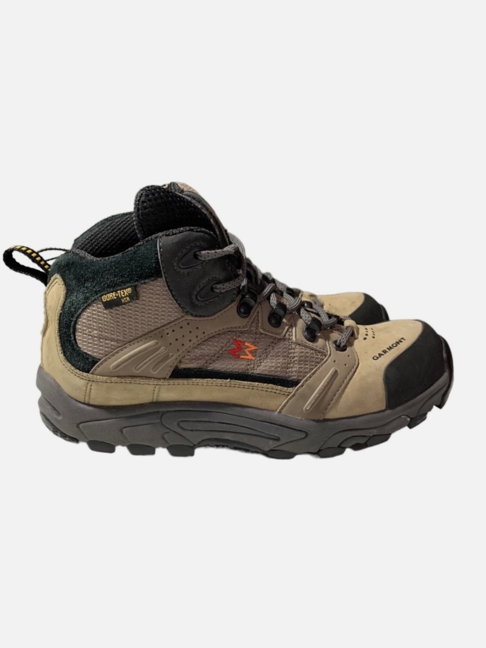 Garmont Flash XCR hiking boots featuring tan leather and black Gore-Tex fabric.